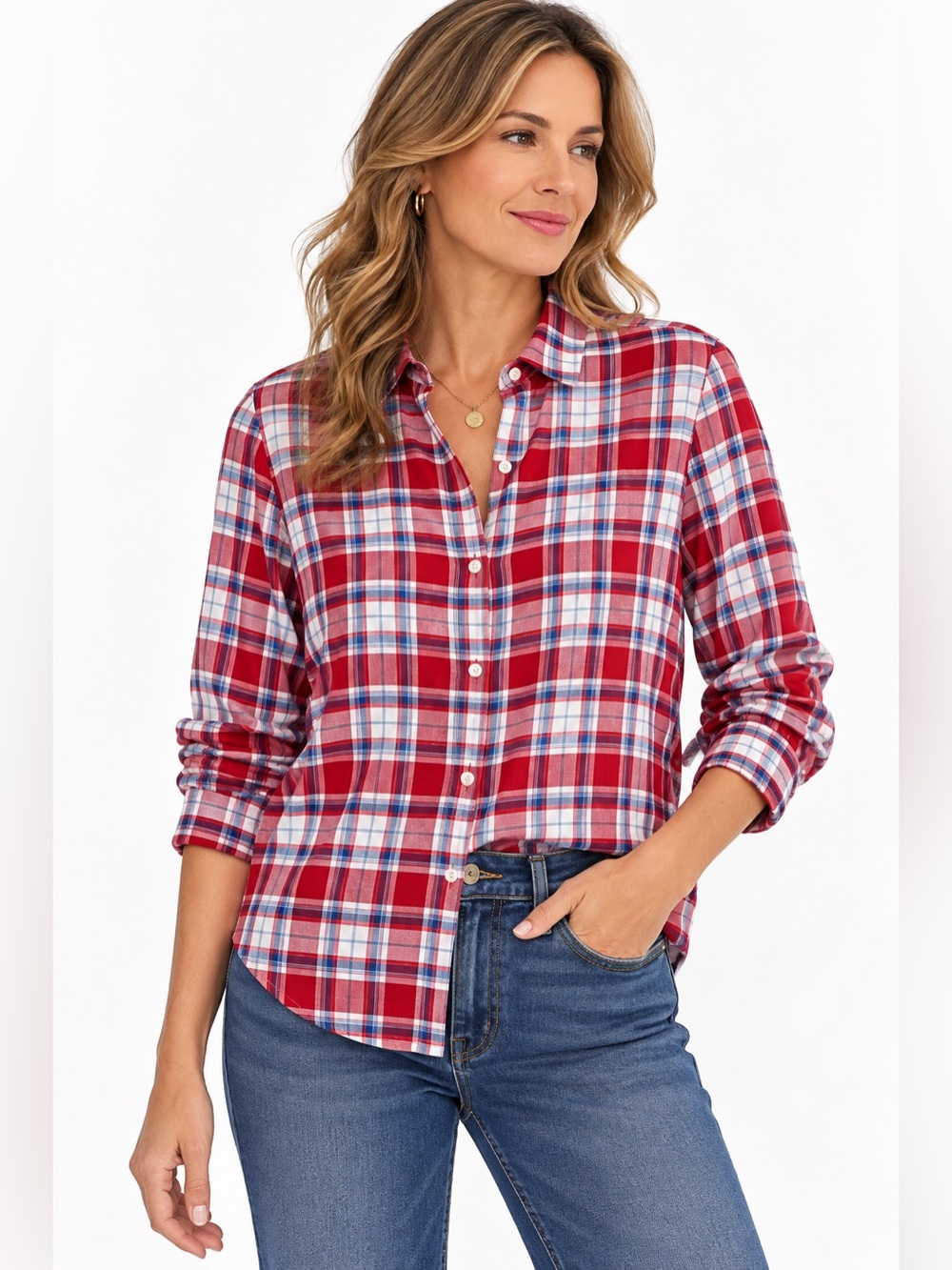 J.McLaughlin Red Plaid Button Down Shirt Women’s Medium Long Sleeve 100% Cotton